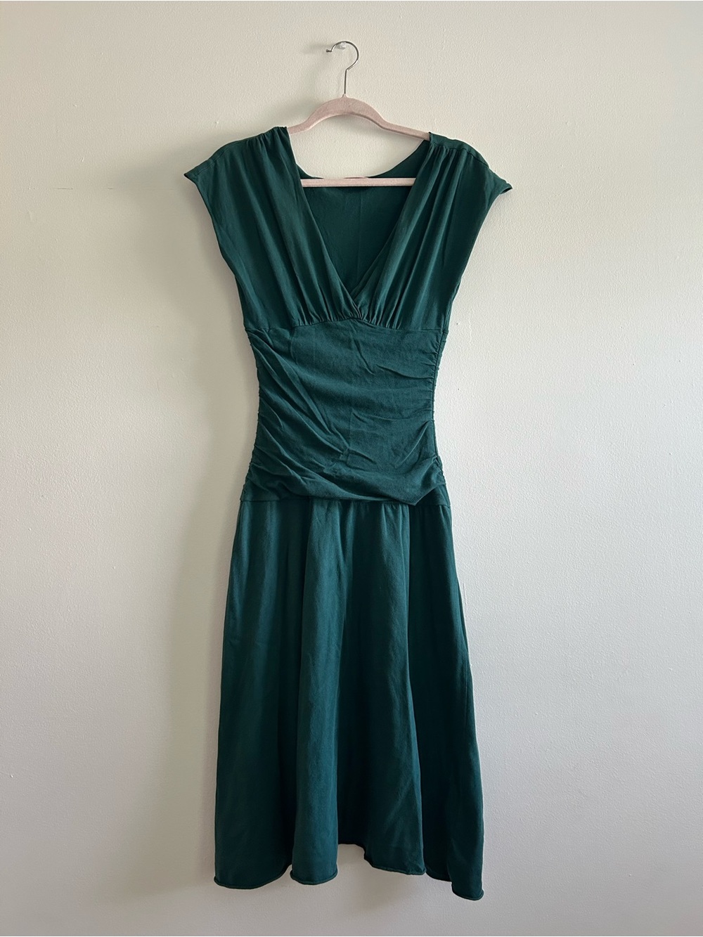 100% Cotton Deep Green V-Neck Women's Dress